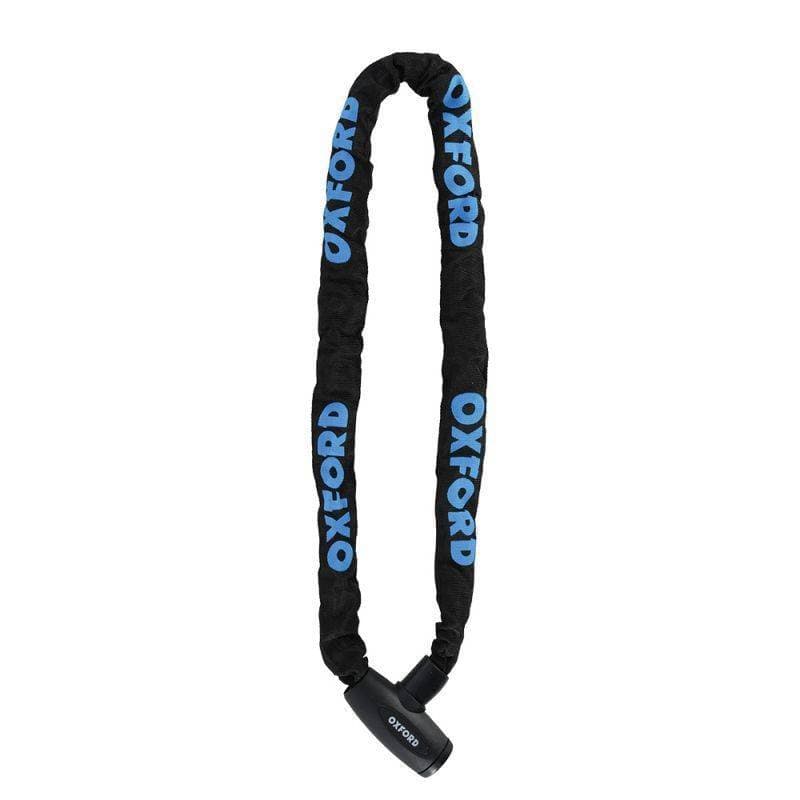 Black chain lock with a protective sleeve, featuring blue "OXFORD" branding along the length, designed for secure locking of bicycles and other items.