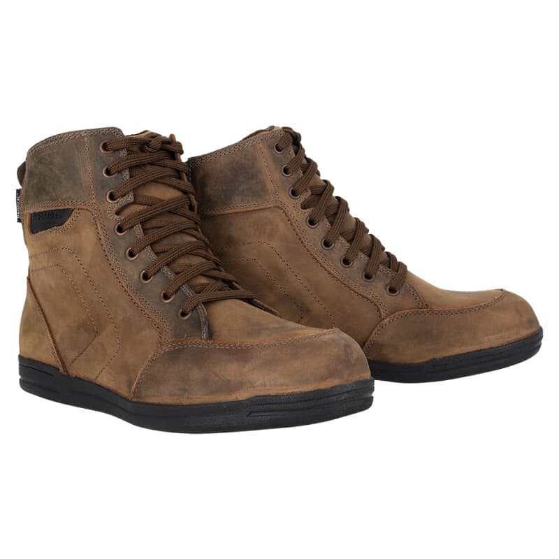 Brown waterproof Oxford Kickback shoes in size 40 EU, featuring a high-top design, lace-up front, and textured leather material with a sturdy rubber sole.