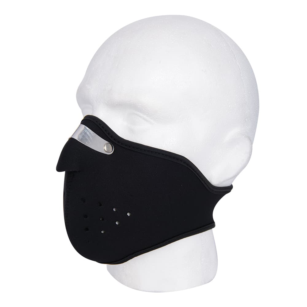 Black Oxford face mask made of soft material, featuring a clear plastic panel, adjustable ear loops, and small ventilation holes for breathability.