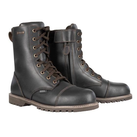 Dark brown leather motorcycle boots with lace-up front, padded collar, and sturdy rubber sole, featuring a side zipper for easy wear, size 40 (UK 6.5).