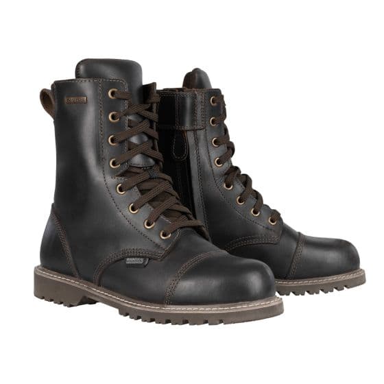 Dark brown leather motorcycle boots with lace-up front, padded collar, and rugged sole, featuring a side zipper for easy wear, size UK 7 (40).