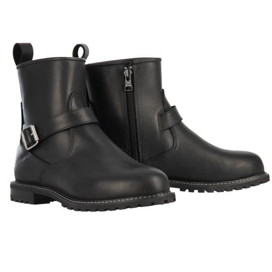 Black leather motorcycle boots with a side zipper, buckle detail, and a sturdy sole, designed for ladies in size 40 (UK 7).