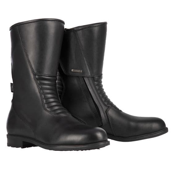 Black leather Oxford Valentina ladies motorcycle boots, featuring a smooth finish, ribbed detailing on the shaft, and a side zipper for easy wear, size 39 (UK 6).