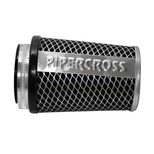 Pipercross universal air filter with an 85 mm rubber neck, featuring a black mesh design and a silver alloy top, showcasing the brand name prominently.
