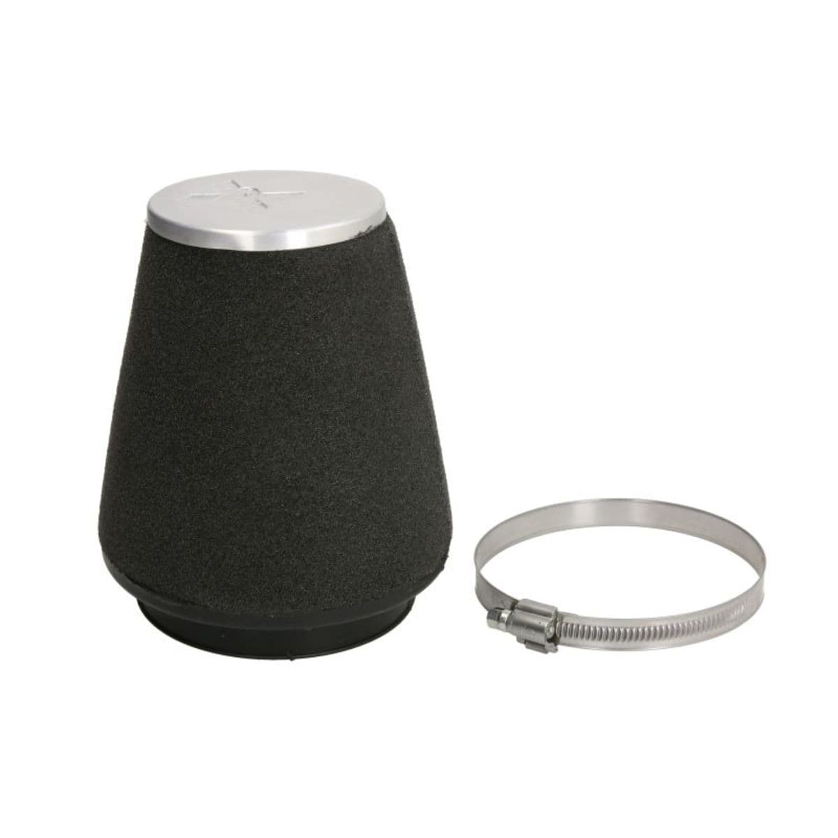 Pipercross universal air filter with a 90 mm rubber neck, featuring a flat top, black foam body, and a silver alloy cap, accompanied by a metal hose clamp.