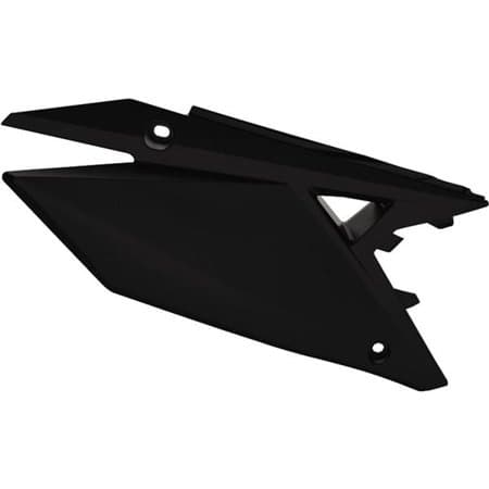 Black plastic side panels designed for Suzuki RMZ250 (2019-23) and RMZ450 (2018-23), featuring a sleek, angular shape with mounting holes for easy installation.