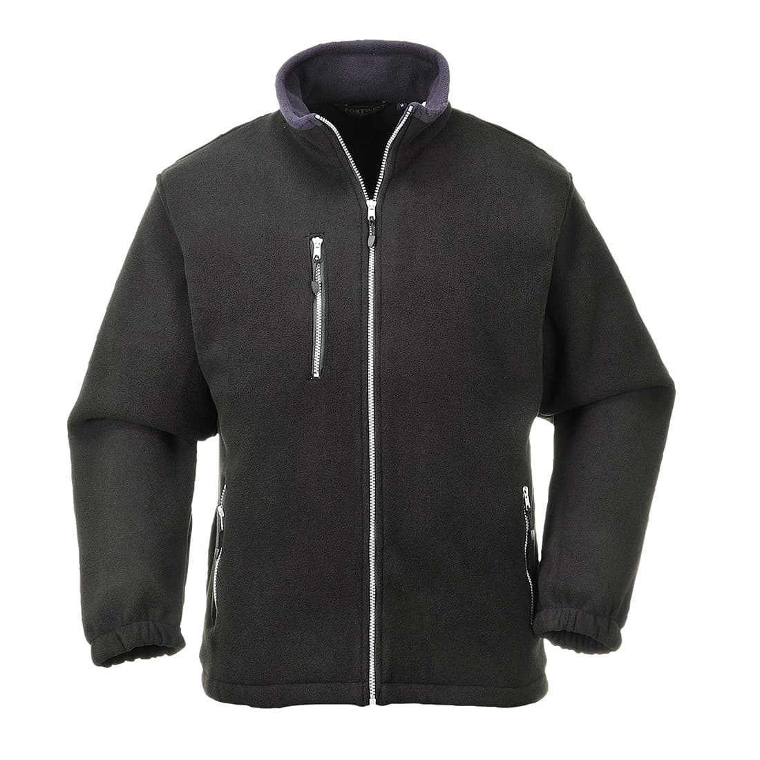 Black fleece jacket with a zip front, high collar, and elastic cuffs; features two side pockets and a chest pocket with a zip, designed for men in size XL.