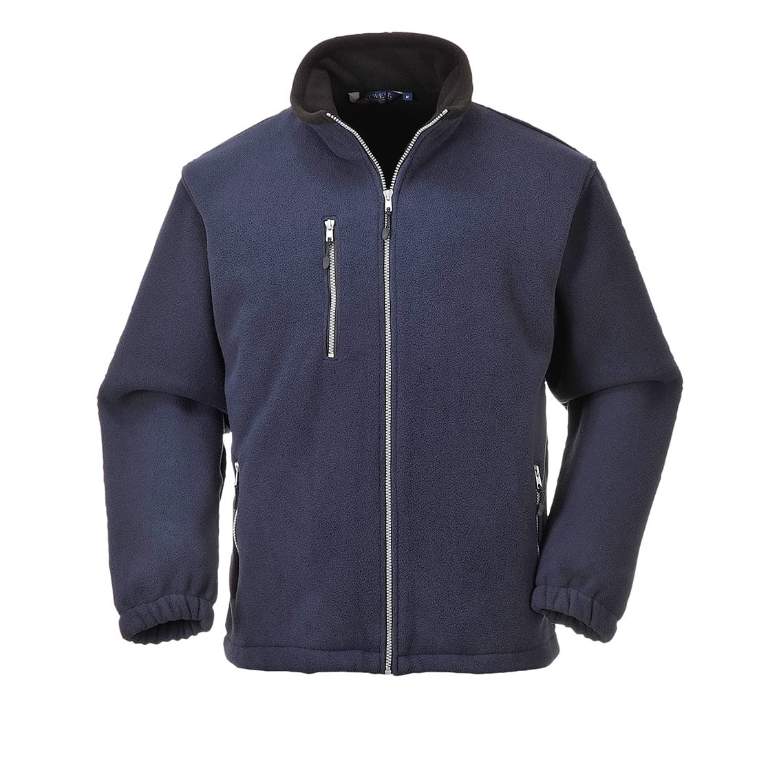 Navy blue fleece jacket with a high collar, zippered front, and two side pockets, featuring elastic cuffs and a relaxed fit, size XL.