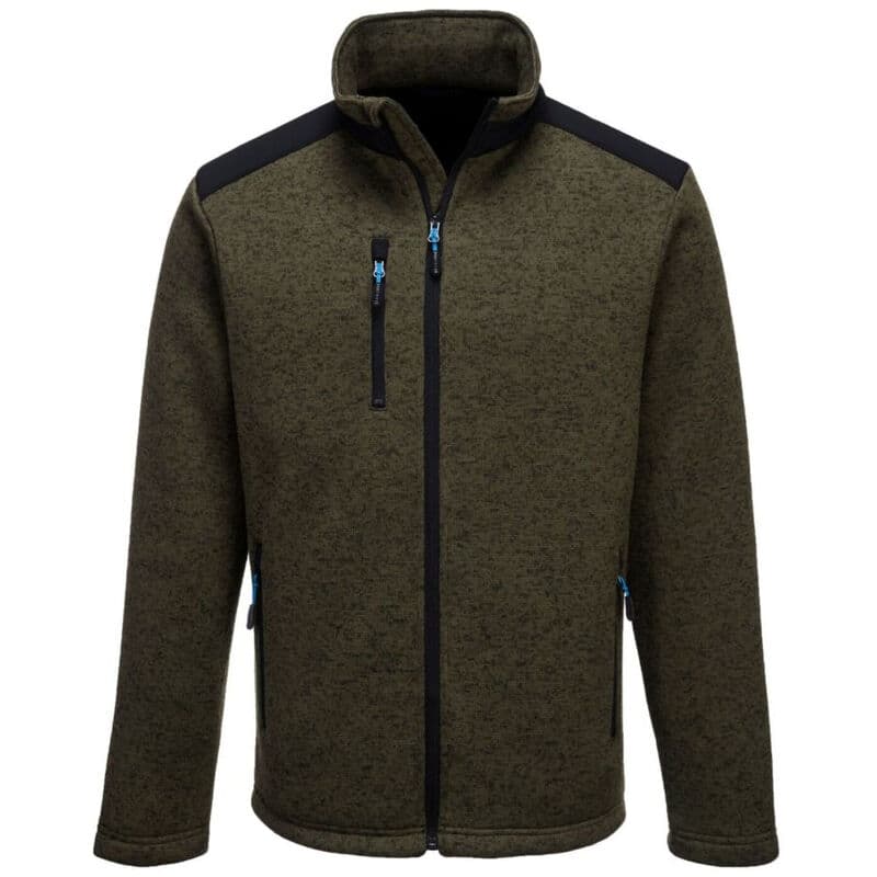 Olive green Portwest KX3 Performance Fleece jacket featuring a high collar, zippered front pockets, and contrasting black shoulder panels.