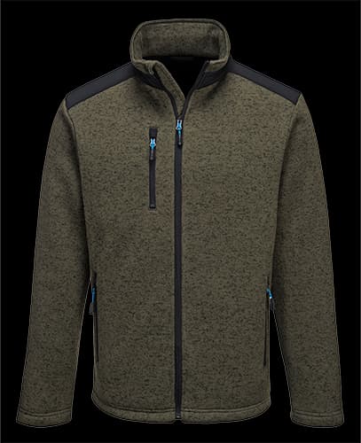 Olive green Portwest KX3 Performance Fleece jacket featuring a high collar, zippered pockets, and black shoulder panels for added durability.