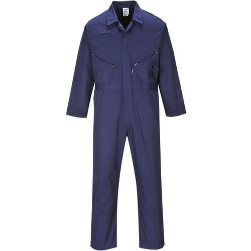 Navy blue Portwest Liverpool zip coverall in size S, featuring long sleeves, two chest pockets, and a durable fabric suitable for workwear.