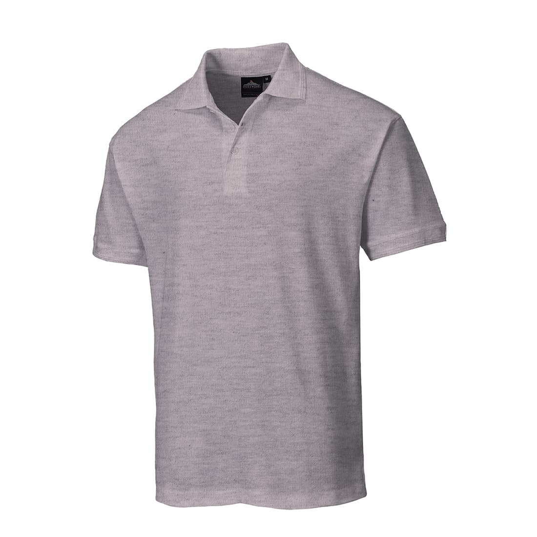 Light heather gray short-sleeve polo shirt made of soft material, featuring a classic collar and three-button placket, designed for comfort and style.