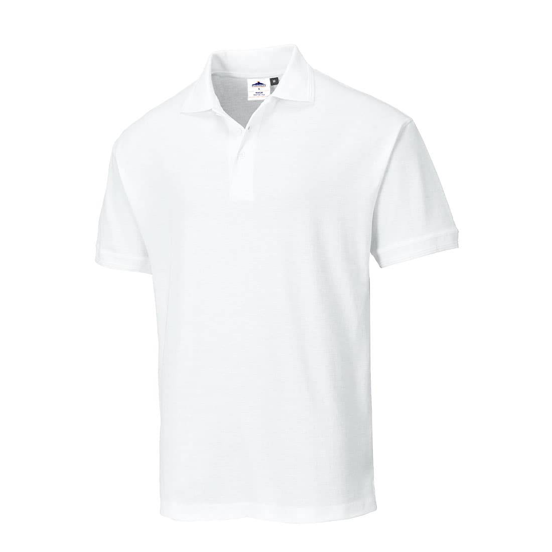White short-sleeve polo shirt made from breathable material, featuring a classic collar and three-button placket, ideal for casual or work settings.