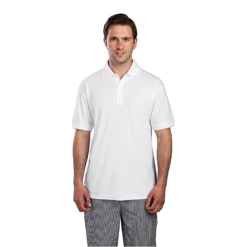 White short-sleeve polo shirt made from breathable fabric, featuring a classic collar and a relaxed fit, worn by a man standing in front of a plain background.