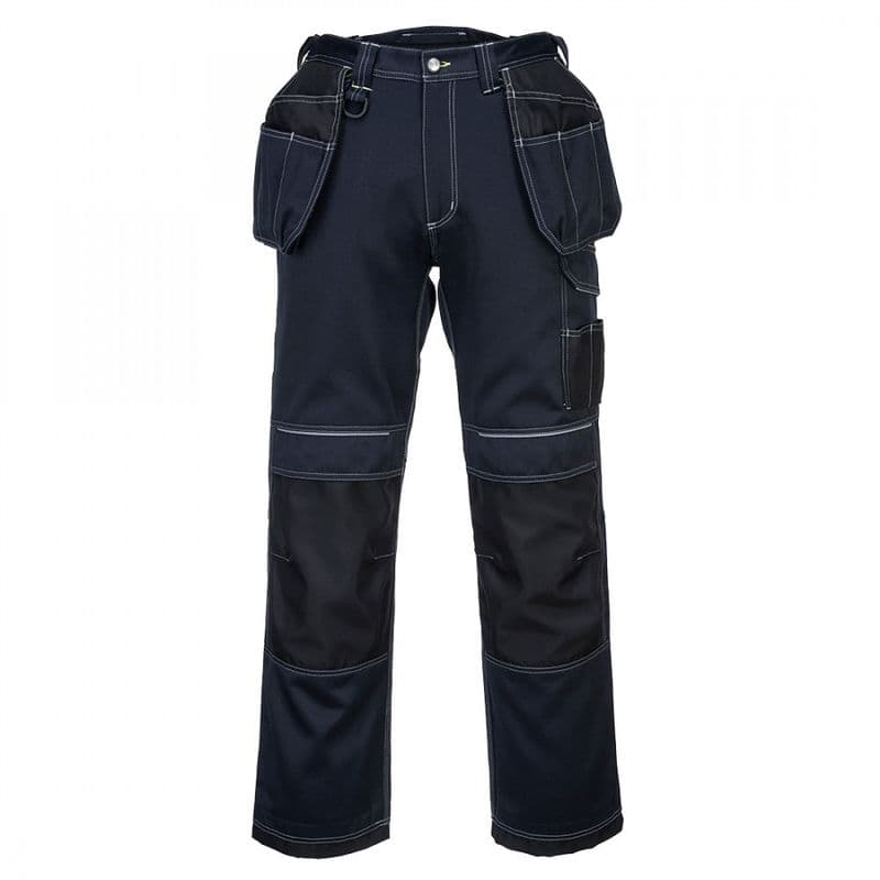 Navy blue work trousers with black holster pockets, reinforced knee patches, and contrasting white stitching, designed for durability and functionality in work environments.