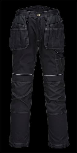 Black Portwest PW3 Holster Work Trousers with multiple pockets, reinforced knee panels, and contrasting stitching, designed for durability and functionality in work environments.