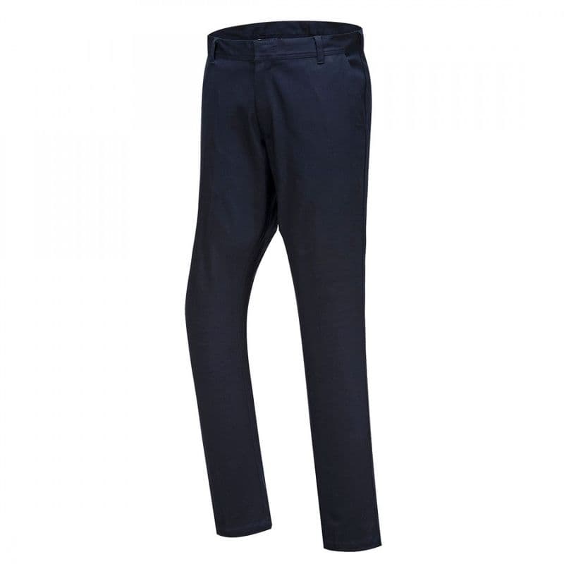 Dark navy slim-fit chino trousers made from stretch material, featuring a classic design with a smooth finish and tailored cut for a modern look.
