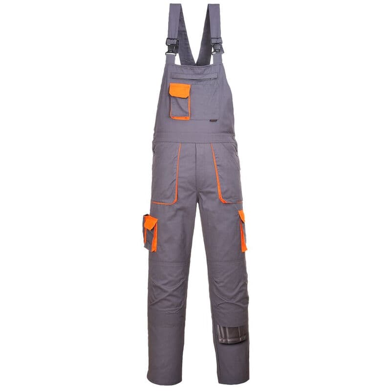 Grey bib and brace overalls with orange contrast stitching, adjustable straps, multiple pockets, and reinforced knee patches, designed for durability and functionality.