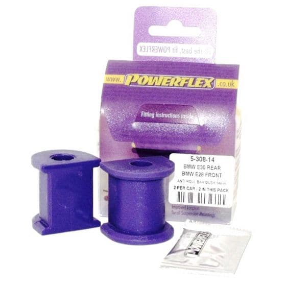 Purple anti-roll bar bushes made of durable rubber, packaged in a branded Powerflex box, includes fitting instructions, designed for rear use in cars.