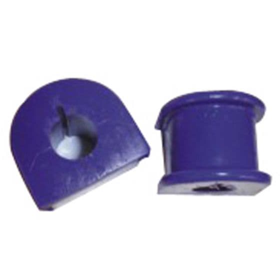 Purple anti-roll bar bushes made of durable rubber, featuring a cylindrical shape and a central hole, designed for 15mm bars, sold in a pack of two.