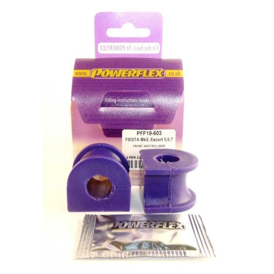 Purple rubber anti-roll bar bushes in a pack of two, designed for front suspension, with a cardboard backing displaying the Powerflex logo and fitting instructions.