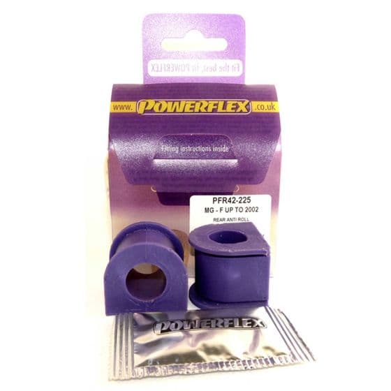 Purple anti-roll bar bushes made of durable rubber, packaged in a box with fitting instructions, featuring the Powerflex logo and a small plastic bag.