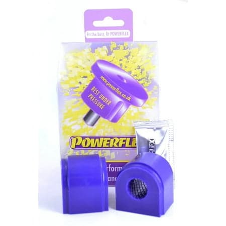 Purple front sway bar bushing set by Powerflex, featuring two bushings and a tube of grease, packaged with a vibrant yellow and purple background.