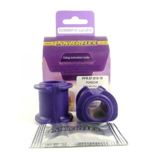 Purple anti-roll bar bushes made of durable rubber, packaged in a branded box with fitting instructions, accompanied by a small sachet of grease.