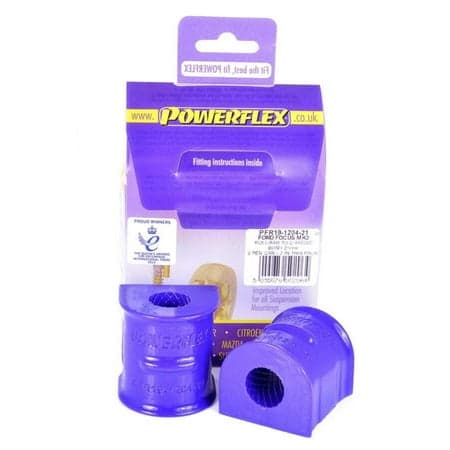 Purple sway bar to chassis bushings by Powerflex, featuring a durable rubber material, designed for Ford Focus Mk2/Mk3, Volvo C30/S40/V50, and Mazda 3, with packaging visible.