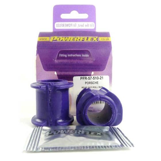 Purple polyurethane anti-roll bar bushes, designed for rear suspension, packaged in a box with fitting instructions and a Powerflex logo.