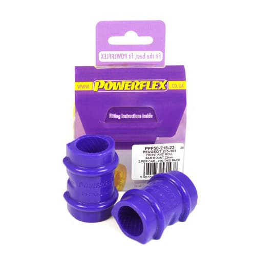 Purple anti-roll bar bushes made of durable rubber, packaged in a clear plastic bag with a purple header, labeled with fitting instructions and product details.