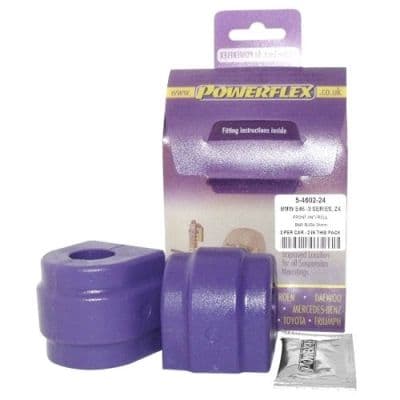 Purple polyurethane anti-roll bar bushes, 24mm, in a pack of two, displayed with a product card and fitting instructions, alongside a small sachet.