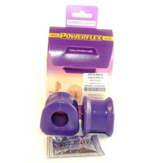 Purple polyurethane anti-roll bar bushes in a pack of two, featuring fitting instructions, labeled for a 24mm size, with a small sachet included for installation.