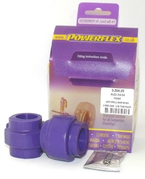 Purple polyurethane front sway bar bushings for Audi and Volkswagen, packaged with fitting instructions, featuring a sturdy design for enhanced suspension performance.