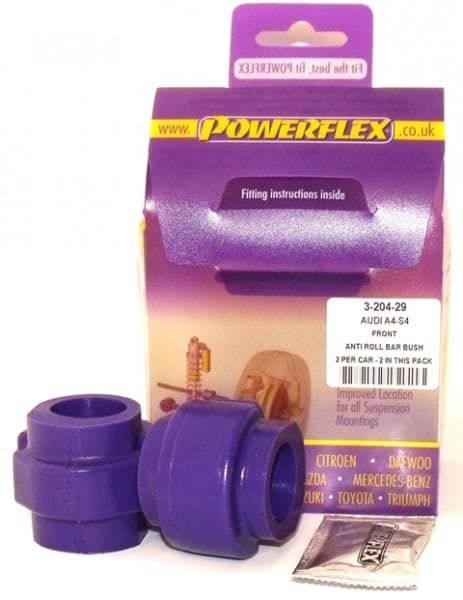 Purple anti-roll bar bushes in a pack of two, designed for 29mm bars, with fitting instructions and a sachet included, displayed in a branded Powerflex box.