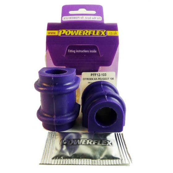 Purple polyurethane anti-roll bar bushes, designed for front suspension, packaged with fitting instructions and a Powerflex sticker.