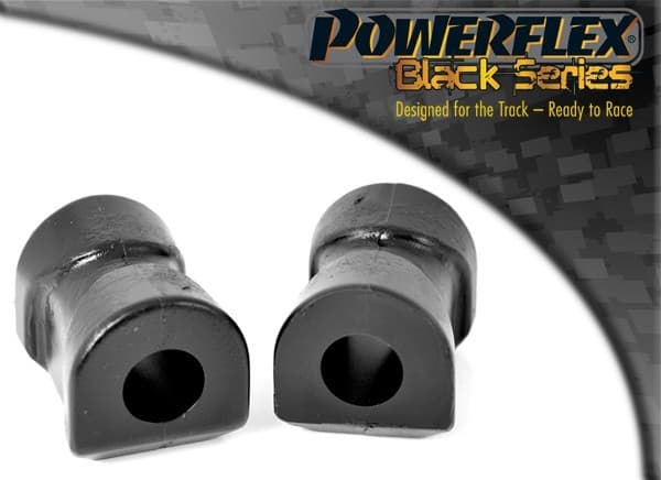 Black rubber front anti-roll bar bushes, designed for performance, featuring a smooth finish and a hollow center, packaged in a pair for enhanced stability.