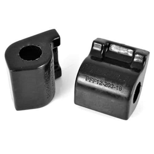 Black rubber anti-roll bar bushes with a 19mm diameter, featuring a distinctive shape and marked with "Powerflex" and "PFF122203-19" for identification.