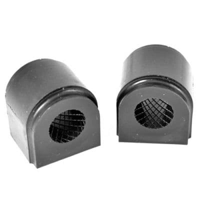 Black polyurethane front anti-roll bar bushes, featuring a rounded shape with a textured interior, designed for a 23.6mm diameter bar, sold in a pack of two.