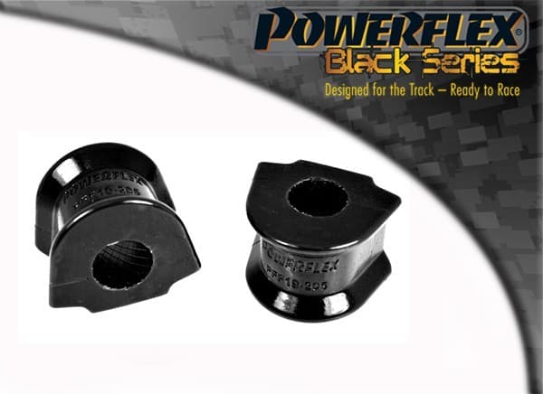 Black rubber anti-roll bar bushes from Powerflex, designed for 24mm bars, featuring a distinctive shape and marked with the brand name and part number.