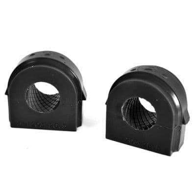 Black rubber anti-roll bar bushes, designed for 26.5mm bars, featuring a textured surface and circular openings, sold in a pack of two.