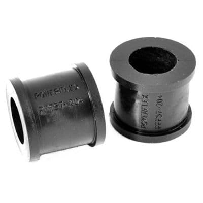 Black rubber anti-roll bar bushes, featuring a cylindrical shape with a hollow center, labeled "POWERFLEX" and "PFF57-204," designed for a 26.8mm fitment.