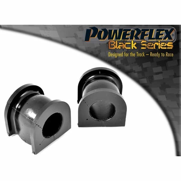 Black polyurethane rear anti-roll bar bushes, designed for performance, featuring a smooth finish and a 25.4mm inner diameter, labeled as Powerflex Black Series.