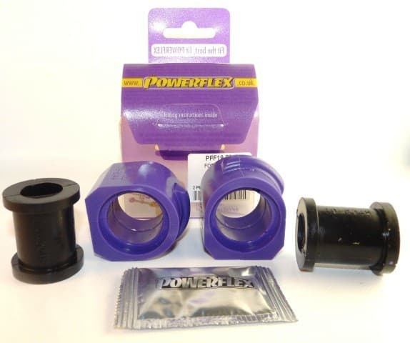Purple and black polyurethane front anti-roll bar bushes in a pack of two, accompanied by installation instructions and a Powerflex branded sachet.