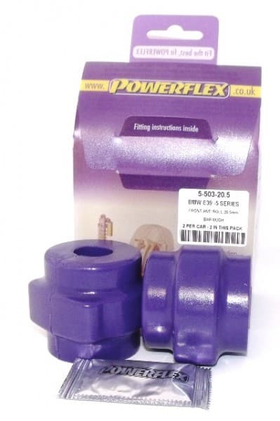 Purple polyurethane front anti-roll bar bushes, designed for BMW E39 5 Series, packaged with fitting instructions and a small sachet, labeled with product details.