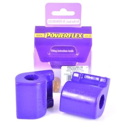 Purple polyurethane front anti-roll bar bushes, packaged in a purple and white box, with fitting instructions visible on the packaging.