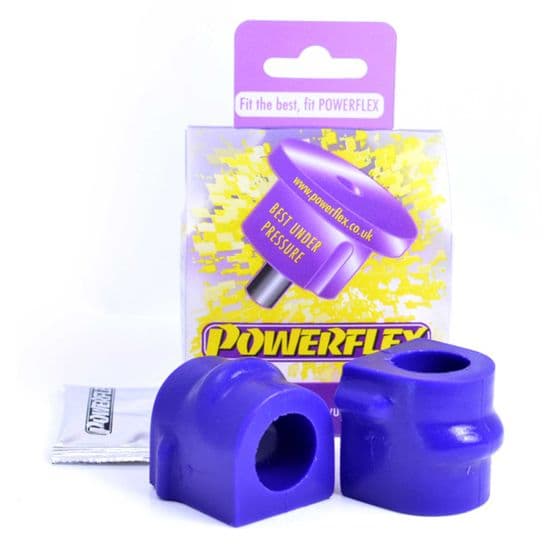 Purple polyurethane anti-roll bar bushes, designed for 22mm bars, packaged with a sachet of lubricant and a card featuring the Powerflex logo and slogan.