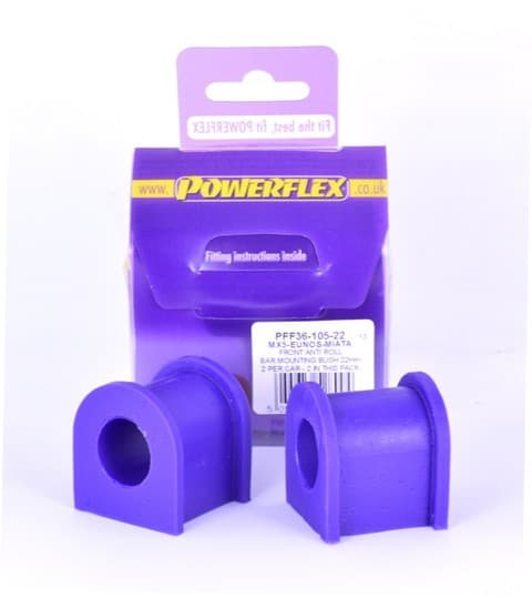 Purple polyurethane front anti-roll bar bushes, designed for 22mm diameter bars, displayed alongside packaging with fitting instructions.