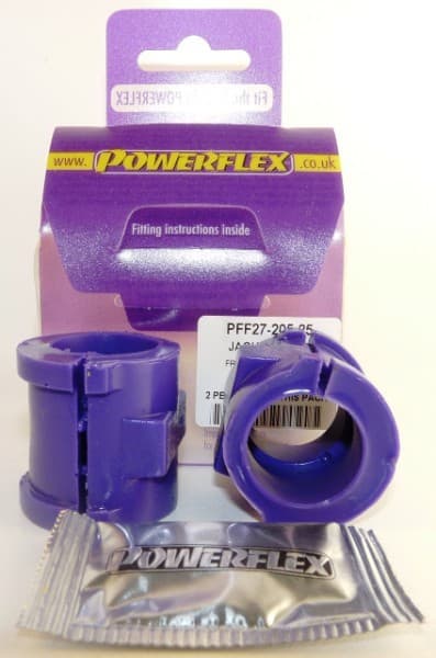 Purple polyurethane front anti-roll bar bushes, two pieces, with a packaging label indicating fitting instructions and product details.