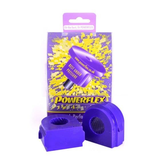 Purple polyurethane front anti-roll bar bushes, packaged with a vibrant yellow and purple backing, labeled "Powerflex," designed for a 26.5mm fit, showing two bushes and an installation tool.